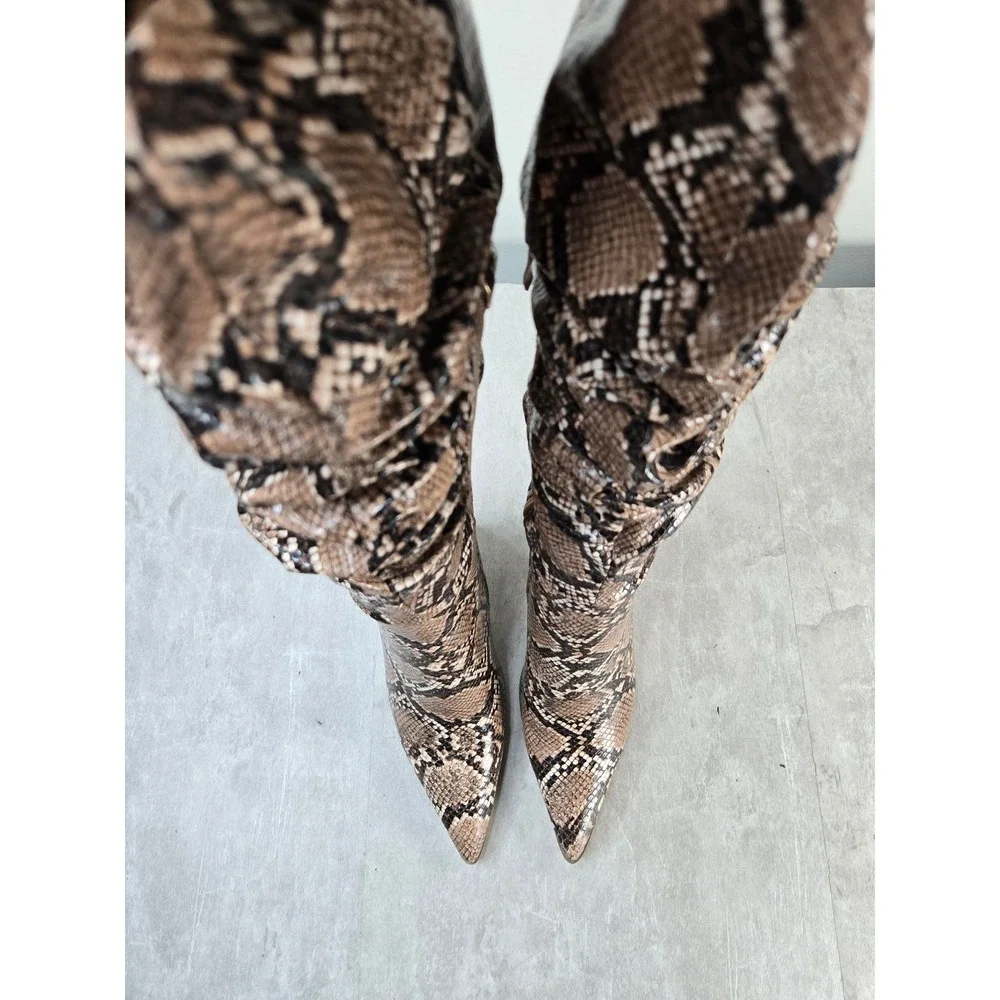 PrettyLittleThing Thigh High Boots Tan Snakeskin Slouchy Block Heel Pointed Toe
